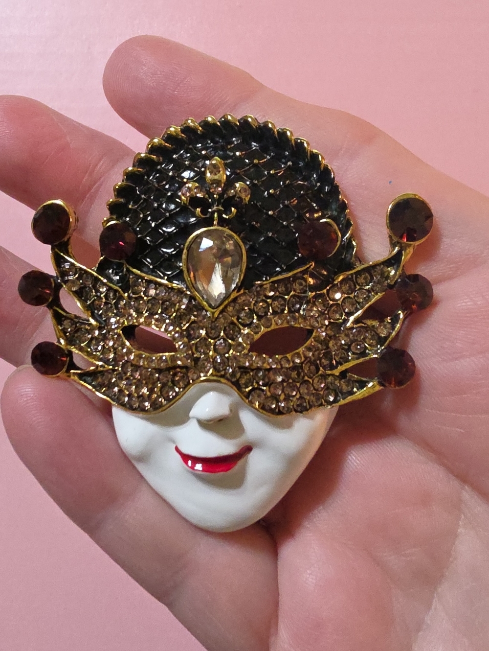 A92- Gold and Brown Rhinestone Masquerade Mask Face Brooch/ Pendant Combo